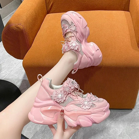 7.5CM Heels Women Thick Bottom Wedge Sneakers Embroider Hollow Out Gladiator Breathable Summer Shoes Woman Bling Chunky Sandals sneakers_platform
