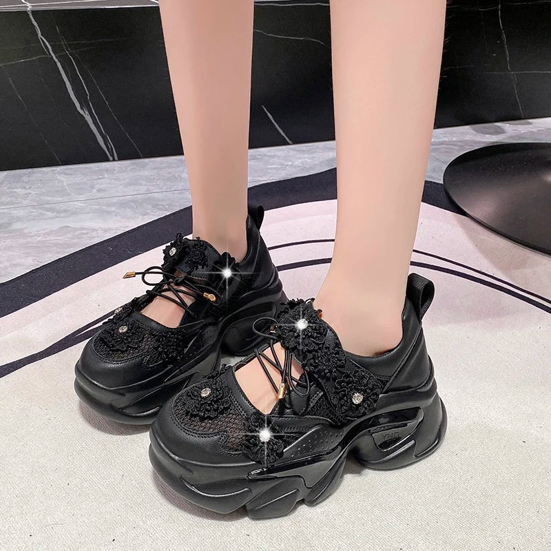 Women Platform Casual Breathable Crystal Flower Shoes Summer Chunky Sneakers 7.5CM Hidden Heels Hollow Leisure Shoes Woman sneakers_platform