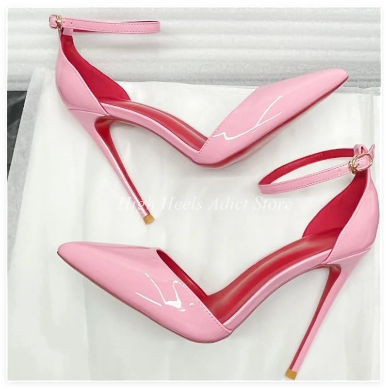 Baby Pink Patent Leather Sexy Ankle Strap Pumps Black/White/Nude Pointed Toe High Heels Good Quality Big Size Party Shoes heels_stiletto