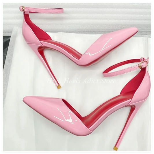 Baby Pink Patent Leather Sexy Ankle Strap Pumps Black/White/Nude Pointed Toe High Heels Good Quality Big Size Party Shoes heels_stiletto