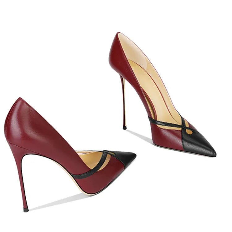 White Matte Leather High Heels Patchwork Pointed Toe Shallow Stilettos Pumps Slip-on Banquet Shoes heels_stiletto