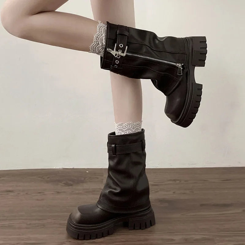 Winter Women Biker Boots Fashion Belt Buckle Ladies Elegant Platform Flats Short Booties Casual Women's Knight Booties boots_platform