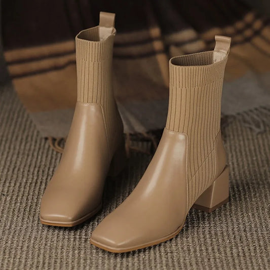 2026 Autumn Winter New Ankle Socks Shoes Women Fashion Large Size 43 Knitted Short Boots Women Slip On High Heels Botas De Mujer boots_highheel