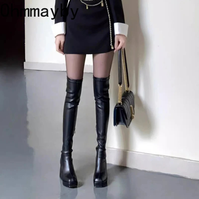 Autumn Winter Street Style Stretch Over The Knee Boots Women Fashion Round Toe Square Platform Heels Long Booties boots_platform