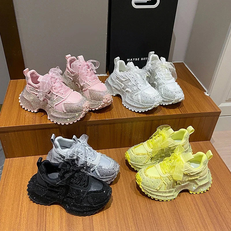 Women Shiny Rhinestones Shoes Four Seasons Casual Sneakers Women Stylish Sport Shoes Lace-Up Platform Luxury Shoes zapatos mujer sneakers_platform