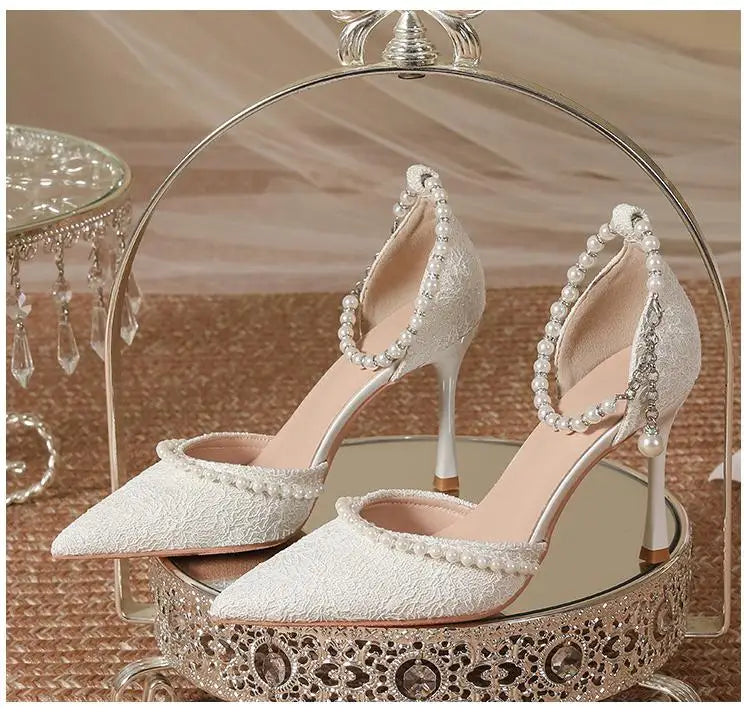Size 30-44 Pearls Strap High Heels Lace Women White Wedding Shoes Stiletto Heel Point Toe Bride Bridesmaid heels_bridal