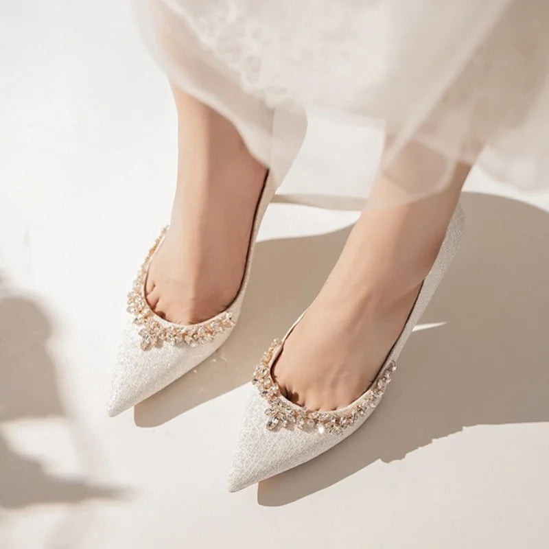 2025 New French Stiletto Heels Pointy Head Shallow Mouth Shoes Rhinodiamond-Edged Korean Version White Crystal Wedding Pumps heels_stiletto