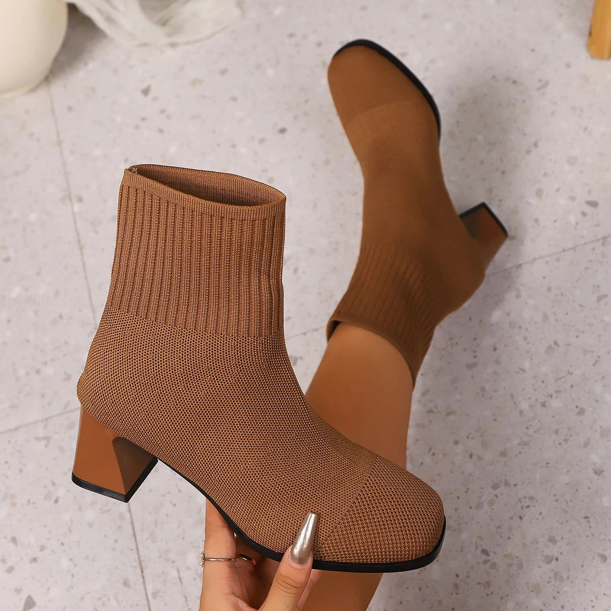 Women Boots Pointed Toe Slip on Mid-Calf Boots Spring Autumn Knitted Socks Boots Women High Heels Plus Size Fashion Shoes Women boots_highheel