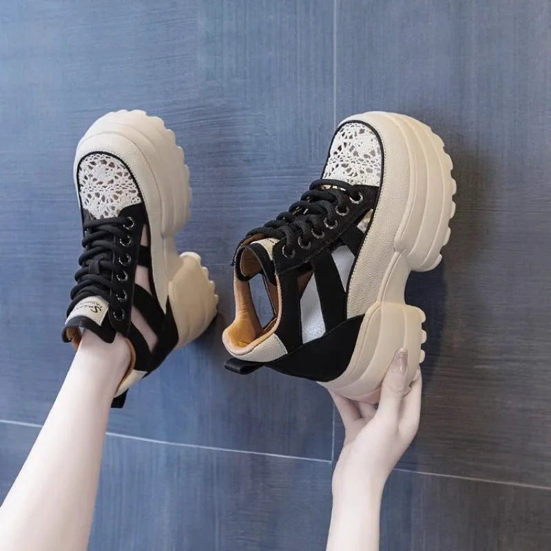 Trendy Thick Sole Women's Shoes 2024 Summer New Thick Mesh Hollow Inner Elevated Vulcanized Women's Sandals Platform Sneakers sneakers_platform