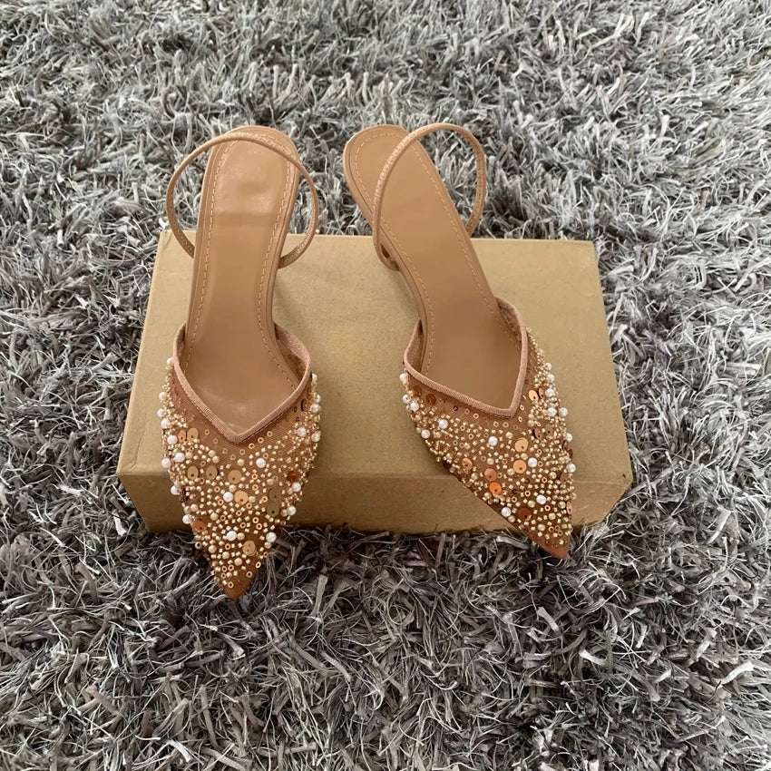 Fashion High Heeled Formal Party Shoes for Lady Luxury Sequin Pearl Stiletto Elengat Mesh Slingbacks Women Modern Sandals heels_stiletto