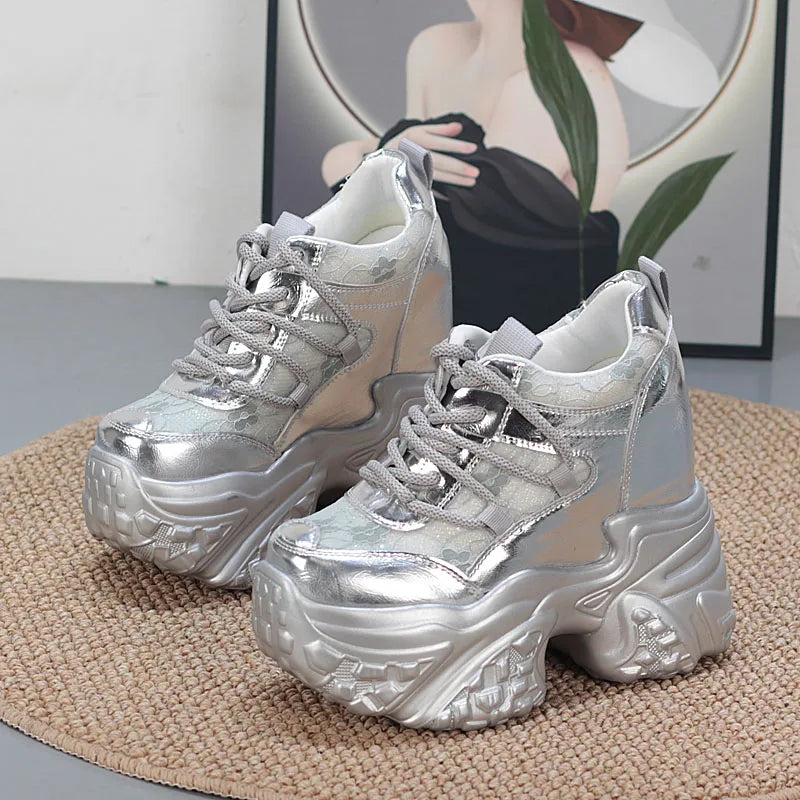 14CM Air Mesh Synthetic Genuine Leather Platform Wedge Flats Women Vulcanize Hollow Summer Chunky Sneakers Shoes  sneakers_platform