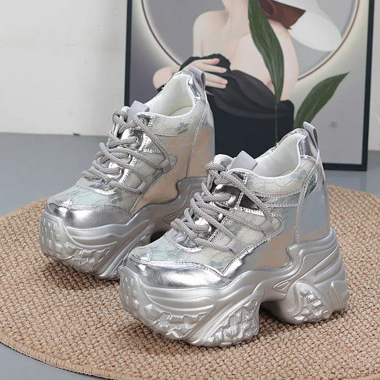 14CM Air Mesh Synthetic Genuine Leather Platform Wedge Flats Women Vulcanize Hollow Summer Chunky Sneakers Shoes  sneakers_platform