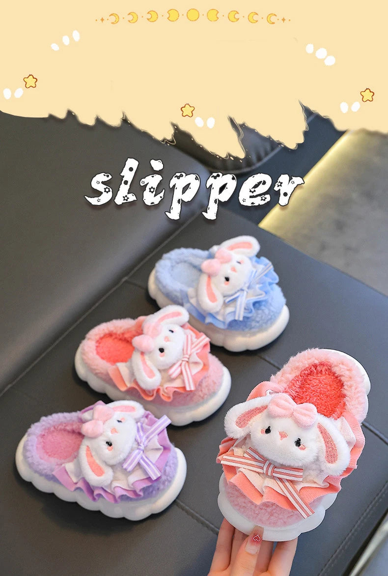 2024 New Winter Children's Cotton Slippers - Cute and Warm Fleece Rabbit Fur Baby's Home Cotton Slippers for Girls kids_shoes