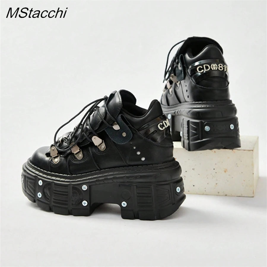 Punk Style Women Black Shoes Rock Metal Decor Lace-up Heel Height Platform Shoes Gothic Man Sneakers Women Ankle Boots 2026 sneakers_platform