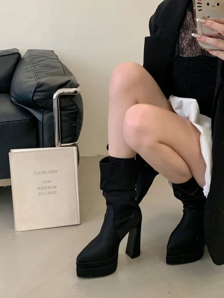 Eilyken Solid Platform Woman Ankle Boots Fashion Pointed Toe Square High Heels Shoes Punk Style Modern Bottes Femmes boots_platform