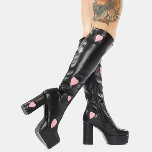 RIBETRINI Brand Design Candyfloss Love Heart Print Mid Calf Boots Zip Platform Block Heels Chunky Trendy Shoes Woman Big Size 43 boots_platform