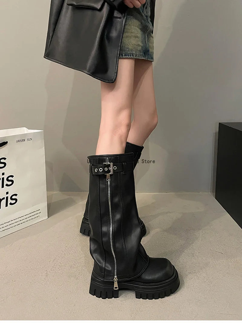 Winter Women Biker Boots Fashion Belt Buckle Ladies Elegant Platform Long Pipe Booties Casual Women's Knee High Booties boots_platform