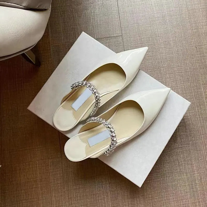 2025 Summer New High-heeled Stiletto Pointed Rhinestone Slippers Women's Outer Wear One-word with Baotou Half Drag Muller Shoes heels_bridal