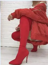 Women's Boots Green Color Over The Knee Boots Fashion Personality Stiletto Elastic Side Zipper Long Boots Large Size 34-43 boots_highheel