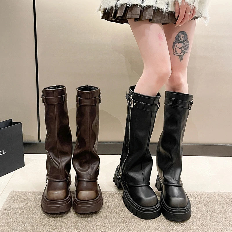 Winter Women Biker Boots Fashion Belt Buckle Ladies Elegant Platform Long Pipe Booties Casual Women's Knee High Booties2025 boots_platform