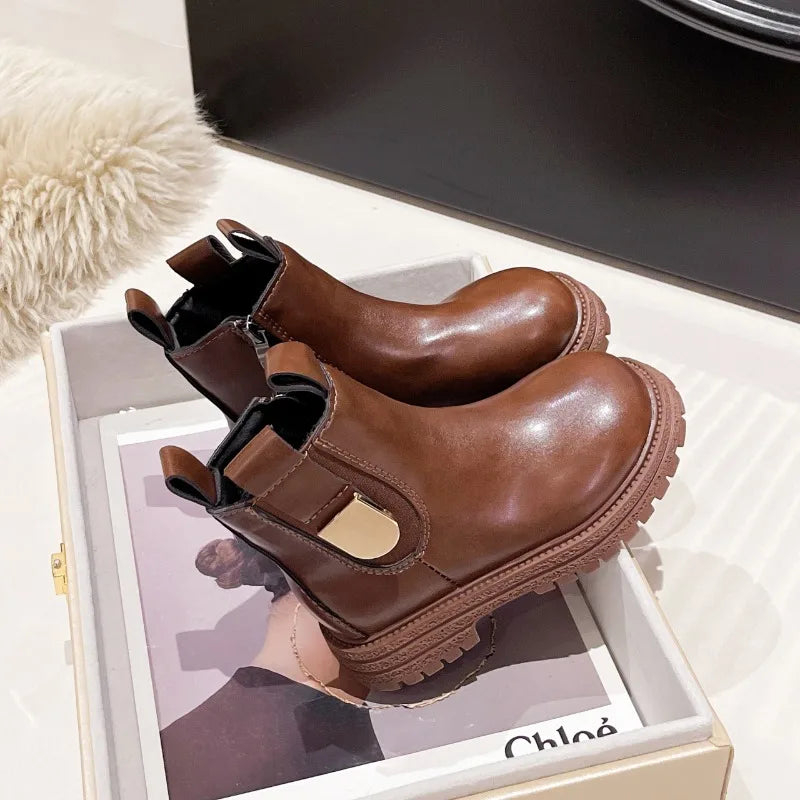 Children Leather Boots Round Toes Versatile Kids Short Boots Korean Style 2025 Autumn New Girls Ankle Boots Soft Bottom Non-slip