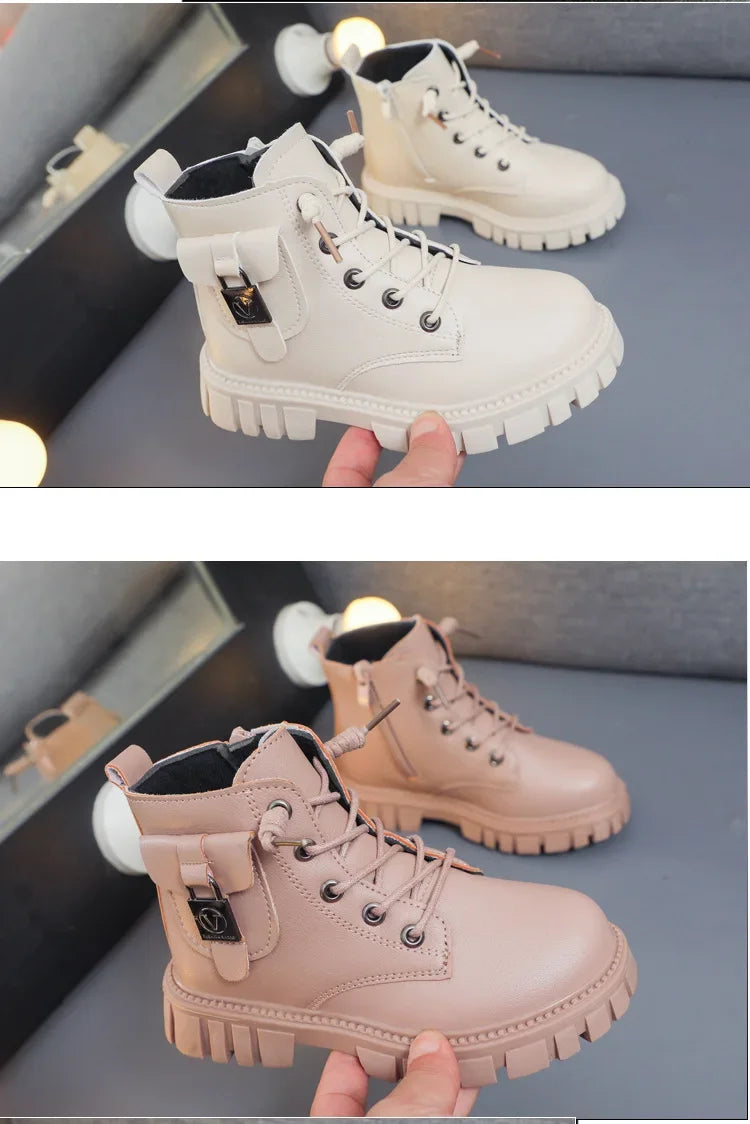Children Leather Boots Girls Fashion Autumn Winter New Casual Comfortable Short Boots Warm Kids Versatile Anti-slip Cotton Boots