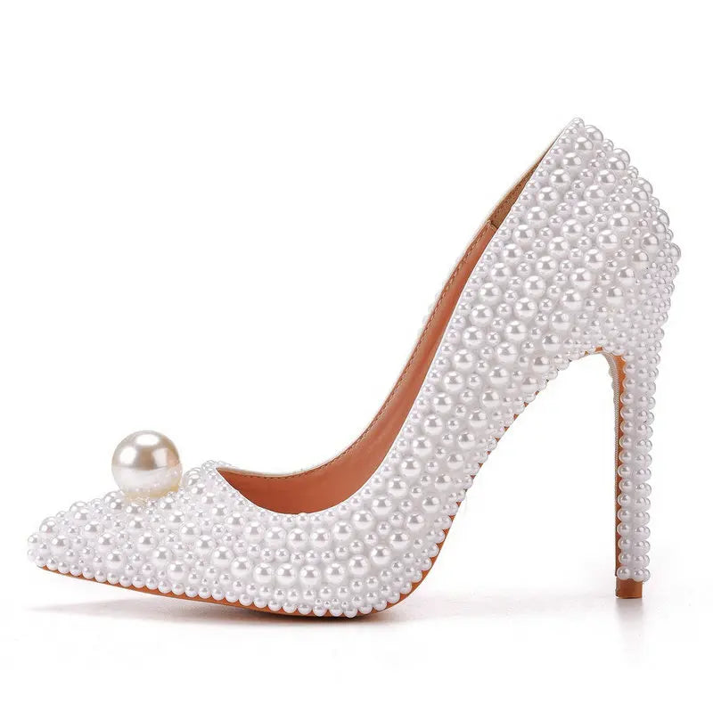 11cm Pearl Wedding Shoes Thin Heel Pointed Single Shoe Large Size Women's Shoes Bride Shoes Dinner Women's Pumps heels_bridal