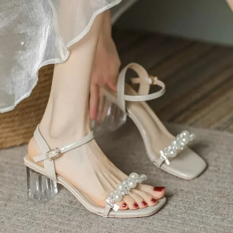 Sexy high-heeled sandals women's summer fashion, pearl accessories, open-toe sandals solid-color outdoor casual high heels