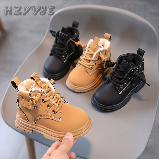 New Children's Fashion Boots Winter Thickened Boys Girls' Anti Slip Warm Leather Boots Side Zipper Solid Color Kids Casual Shoes kids_shoes
