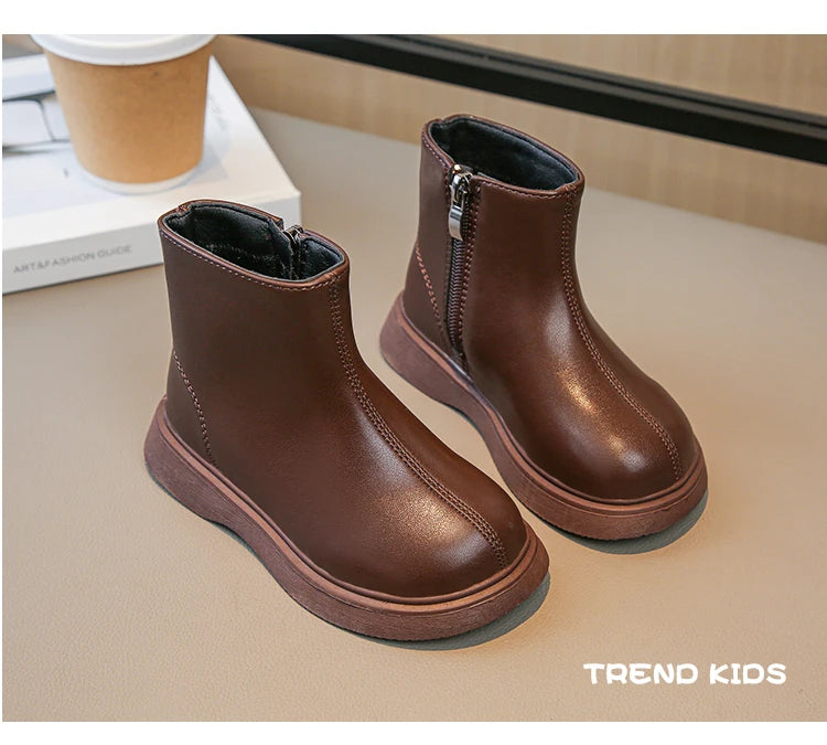 Children Fashion Boots Simple Girls Ankle Boot Black Kids Short Leather Boots Side Zipper Thick Bottom Autumn Winter 2024 New kids_shoes