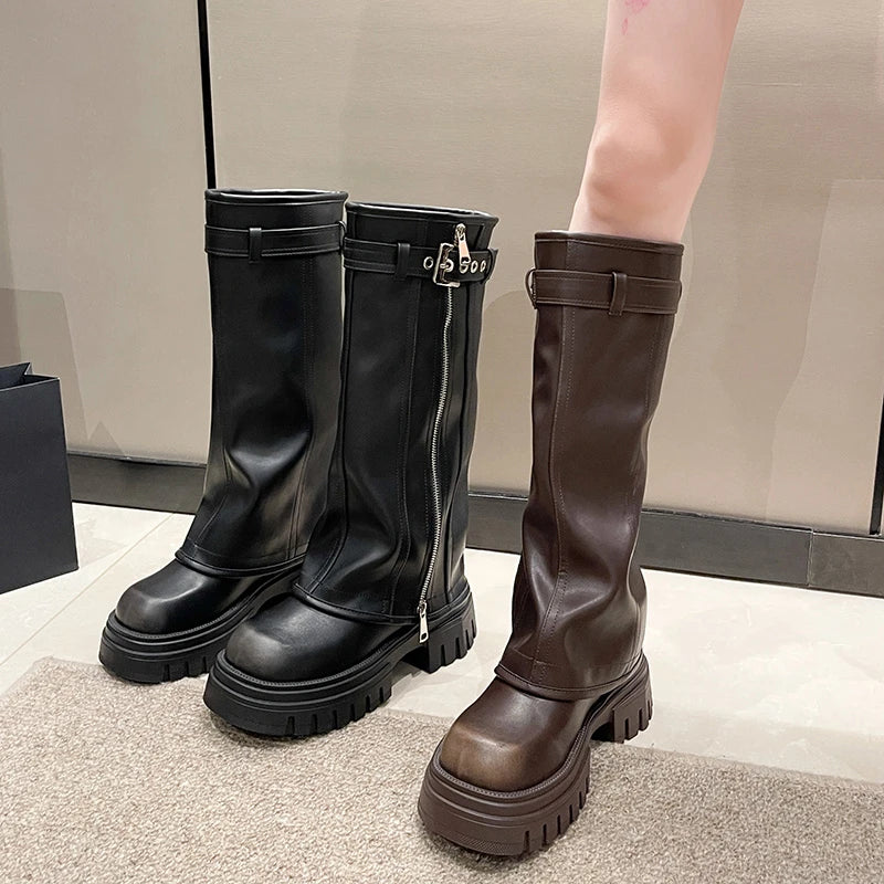 Winter Women Biker Boots Fashion Belt Buckle Ladies Elegant Platform Long Pipe Booties Casual Women's Knee High Booties2025 boots_platform