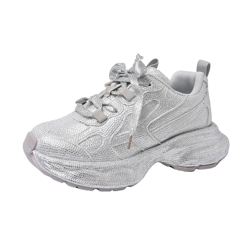 Women Sneakers Spring Lace-Up High Heel Platform Lace Up Silver Crystal Casual Working Shoes Wearing night running shoes outside sneakers_platform