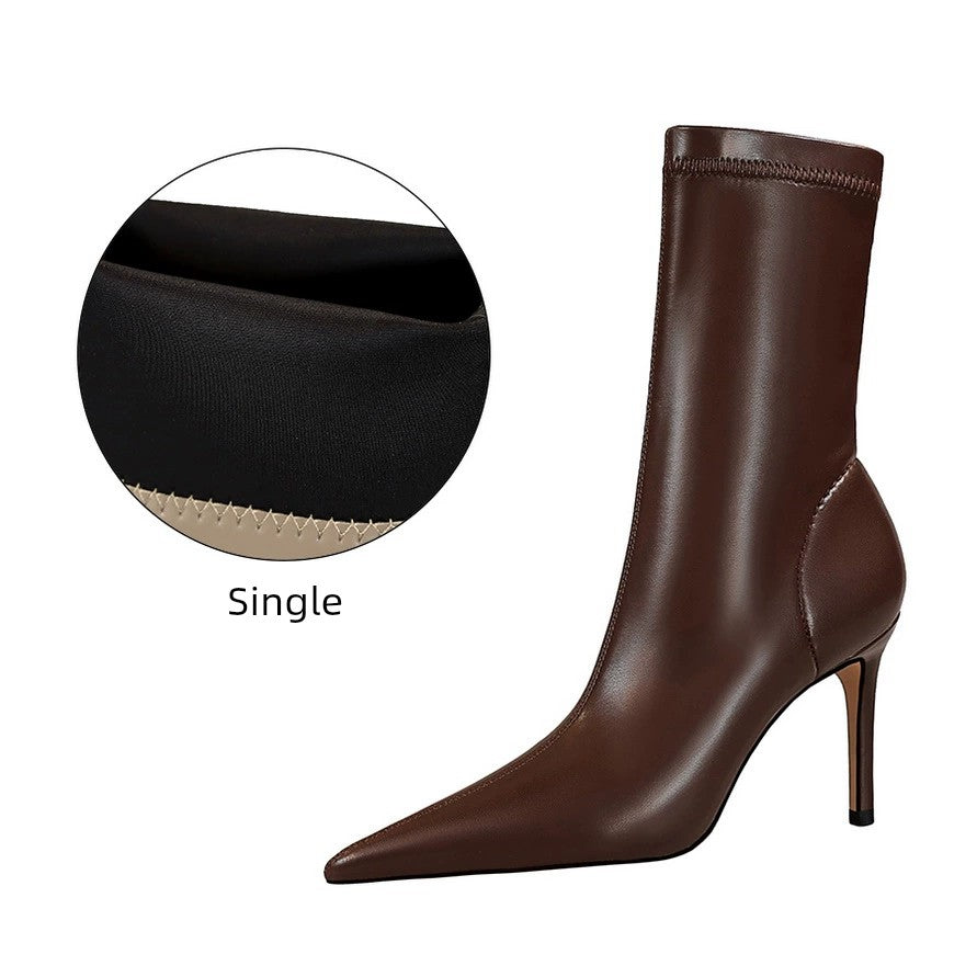 Brown Spring and Autumn Stiletto Retro plus Size Mid Short Boots boots_highheel