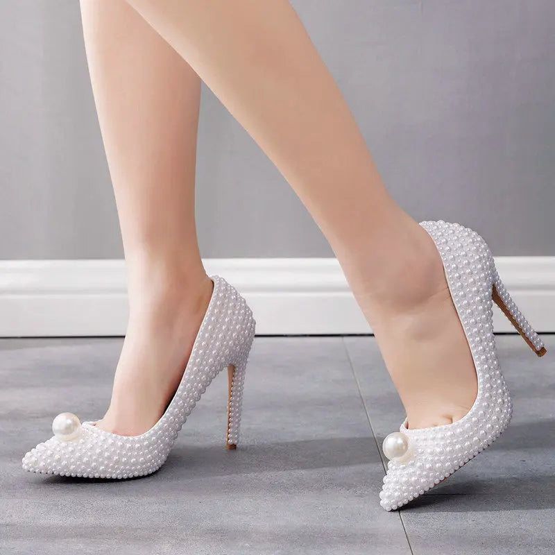 11cm Pearl Wedding Shoes Thin Heel Pointed Single Shoe Large Size Women's Shoes Bride Shoes Dinner Women's Pumps heels_bridal