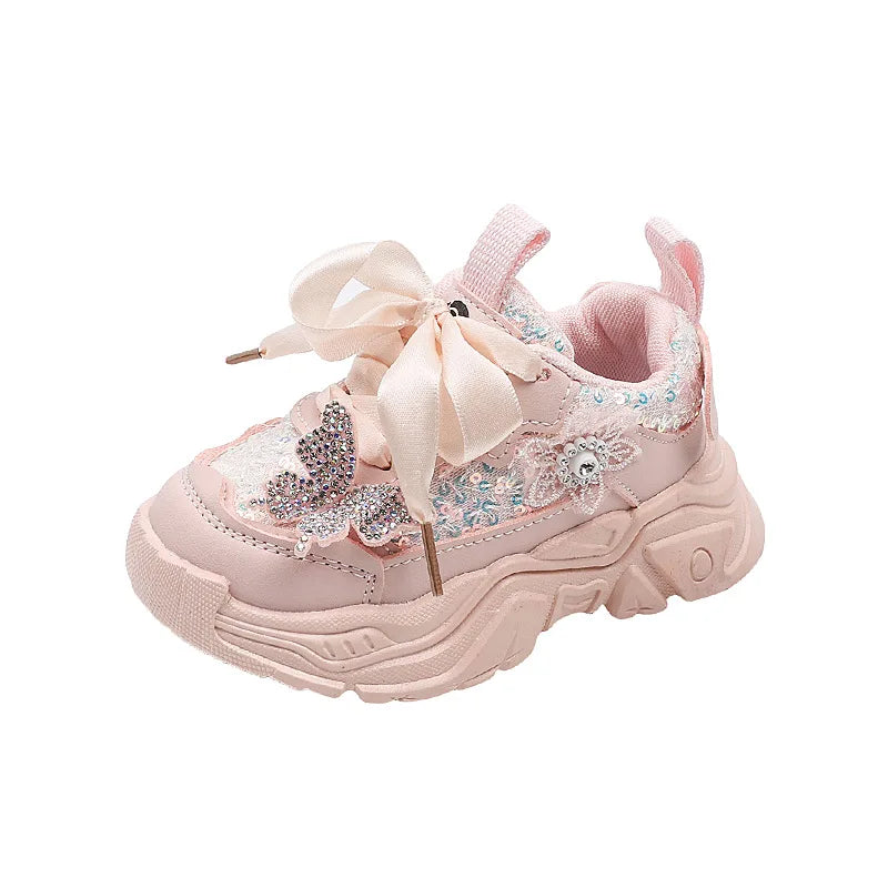 1-6Y New Girls' Sports Shoes Anti Slip Soft Sole Sequin Shinny Butterfly Cute Tennis Running Shoes Princess Shoes for Baby Girls kids_shoes