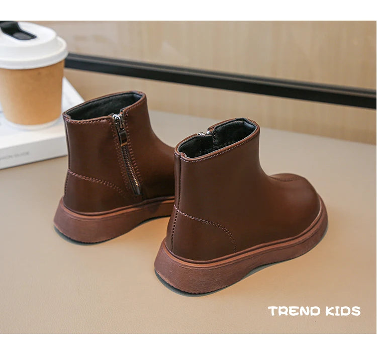 Children Fashion Boots Simple Girls Ankle Boot Black Kids Short Leather Boots Side Zipper Thick Bottom Autumn Winter 2024 New kids_shoes