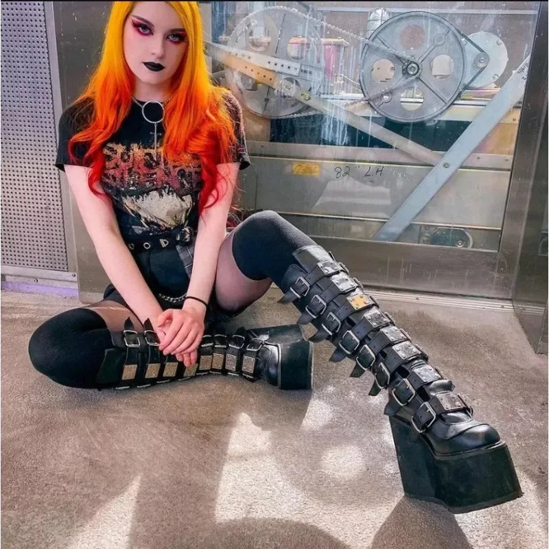 Women Boots Cosplay Ladies High Heel Platform Wedges Women High Boots Gothic Buckle Strap Long Tube Leather Female Boots Plus Si boots_platform