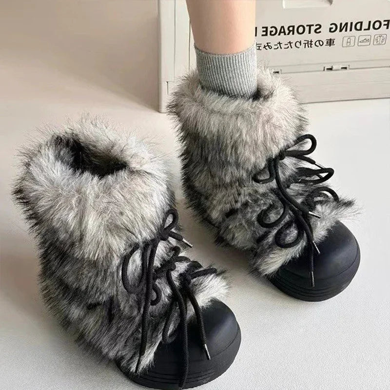 Bow Platform Women Snow Ankle Boots Fur Designer Fashion Short Plush Flats Cotton Shoes 2025 Trend Warm Cozy Winter Botas Mujer boots_platform