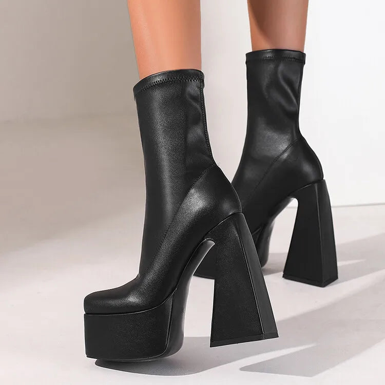 Stretch Punk Style Gothic Chunky Platform Ankle Boots for Women Autumn Winter Shoes Ladies Strange High Heels Boots Booties boots_platform