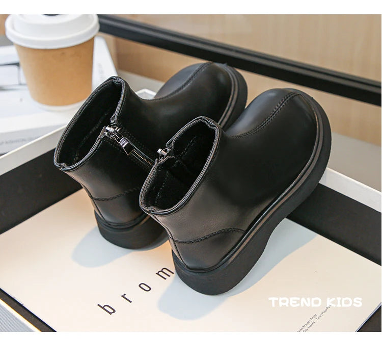 Children Fashion Boots Simple Girls Ankle Boot Black Kids Short Leather Boots Side Zipper Thick Bottom Autumn Winter 2024 New kids_shoes