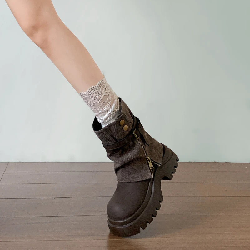 Winter Punk Style Women Pipe Ankle Boots Fashion Belt Buckle Shoes Ladies Concise Platform Heel Short Booties Zapatos De Mujer boots_platform