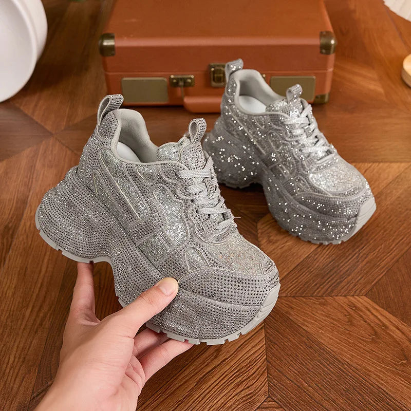 Women's Rhinestone Shoes Autumn Fashionable and Versatile Inner Height Increasing Women's Shoes Thick-soled Casual Sports Shoes sneakers_platform