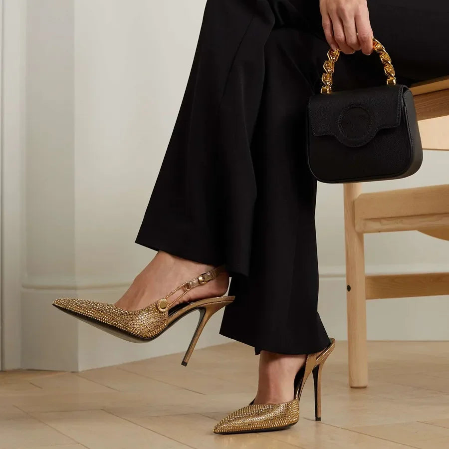 Women Shoes Luxury Rhinestones Sequined Buckle High Heels Elegant Pointed Toe Slingbacks Stiletto Shoes for Women Fashion Shoes heels_stiletto