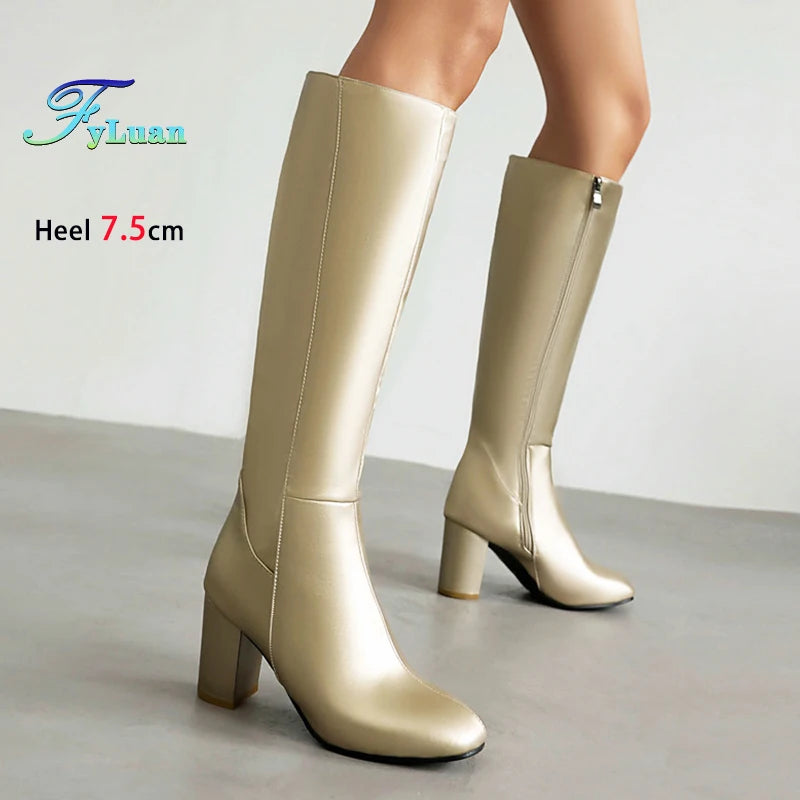 Plus Size 48 Square Toe Knee High Boots Women Side Zipper Winter Warm Long Shoes Comfort Thick Heel 7.5CM Black Leather boots_highheel