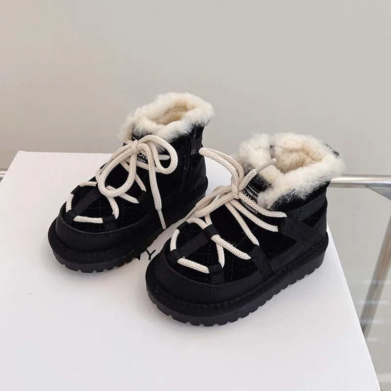 2025 New Winter Children Snow Boots Genuine Leather Warm Plush Toddler Boys Shoes Non-slip Fashion Baby Girls Boots 1-6 Years