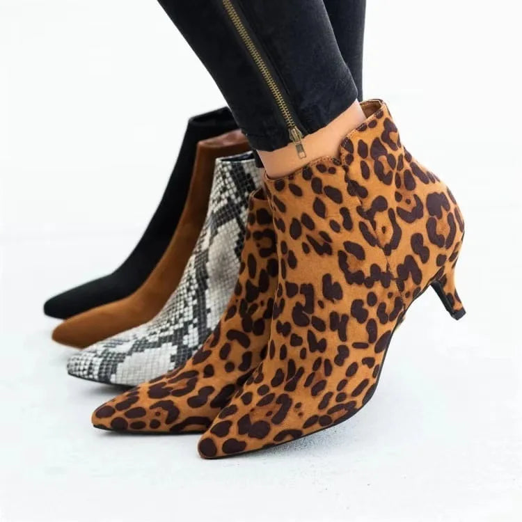 2025 New Heel Women Boots Black Ankle Boots Designer Leopard Snake Print Women Shoes for Women Pointed Toe Thin Heel Botas Mujer boots_highheel