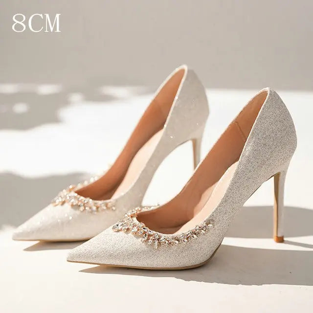 2025 New French Stiletto Heels Pointy Head Shallow Mouth Shoes Rhinodiamond-Edged Korean Version White Crystal Wedding Pumps heels_stiletto