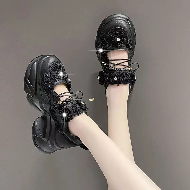 2025 Women's Air Mesh Sport Shoes Breathable Lace-Up Thick Heels Summer Hollow Motorcycle-Style Platform Wedge Ladies' Footwear sneakers_platform