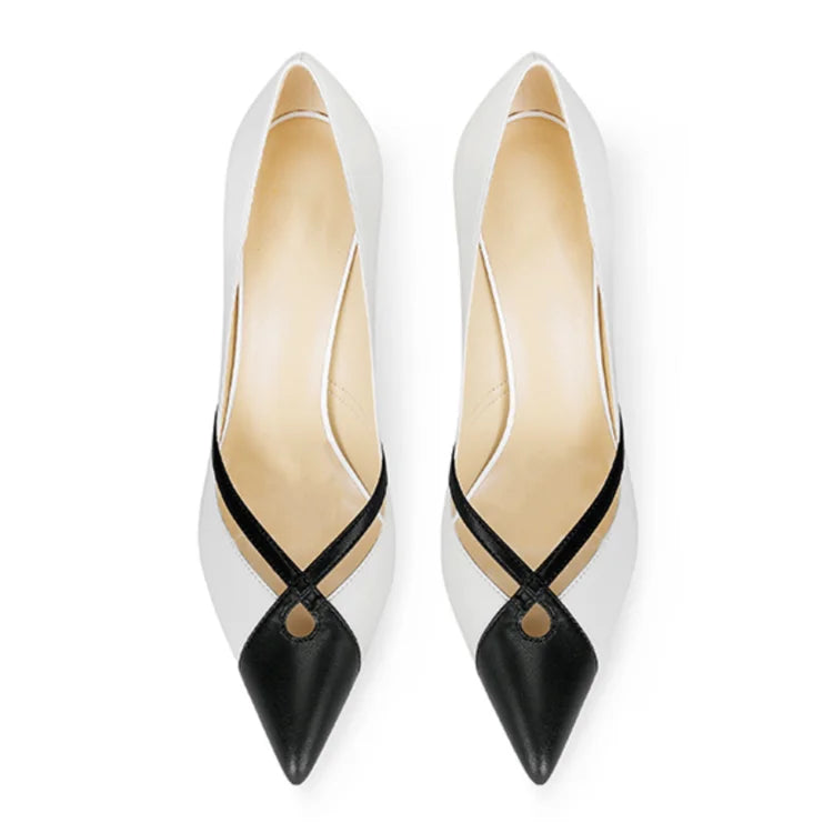 White Matte Leather High Heels Patchwork Pointed Toe Shallow Stilettos Pumps Slip-on Banquet Shoes heels_stiletto