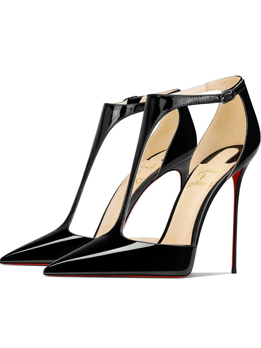 New pointed shallow mouth patent leather T-shaped buckle strap single shoe with feminine temperament, slim heel high heels heels_stiletto